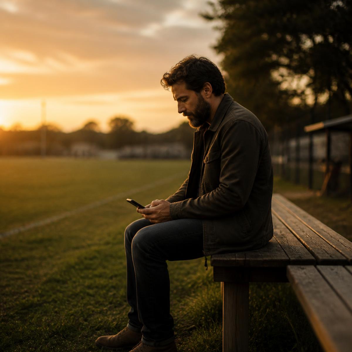 A parent sitting on a bench beside a youth sports field at dusk, quietly reading a note from The Guide